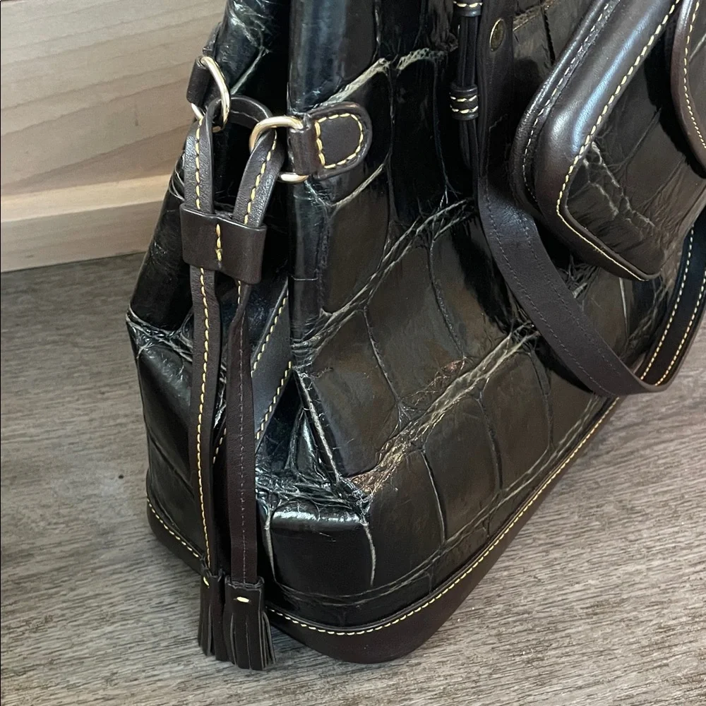 Vintage‎ Dooney & Bourke Croco Embossed Leather Tote - Dark Brown / Black